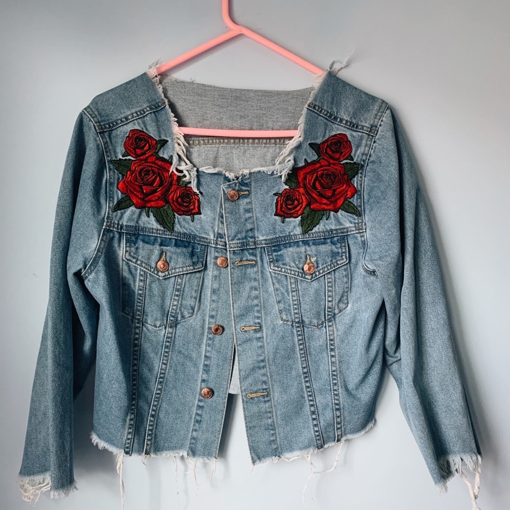 Ultra distressed rose appliqué Denim Jacket